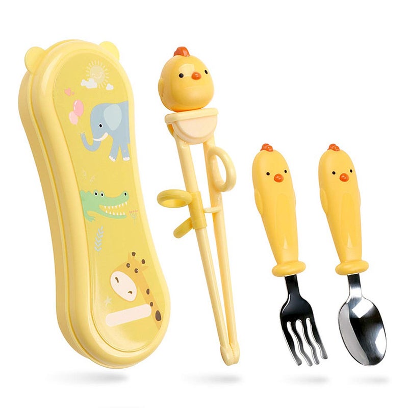 Mannice Training Chopsticks Set for Kids and Beginners Chopstick Spoon Fork and Case Set Reusable Learning Chopsticks with Attachable Learning Chopstick Helper - Right Handed Only Stainless Steel Yellow - Image 1